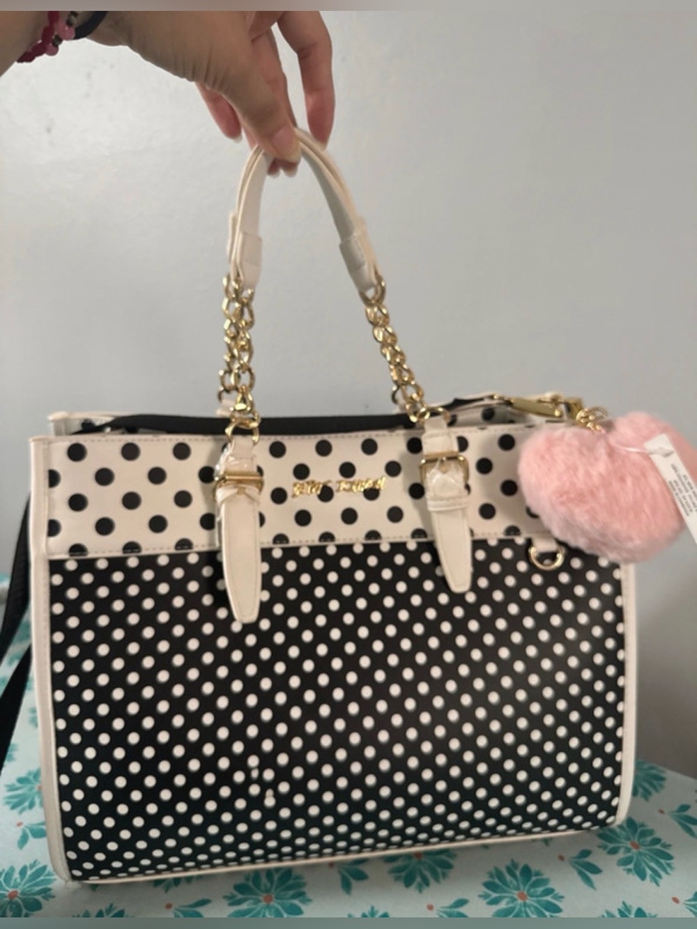 BETSEY JOHNSON Xobeca Cream & Black Polka Dot Satchel Tote Bag Pre-Owned NWOT